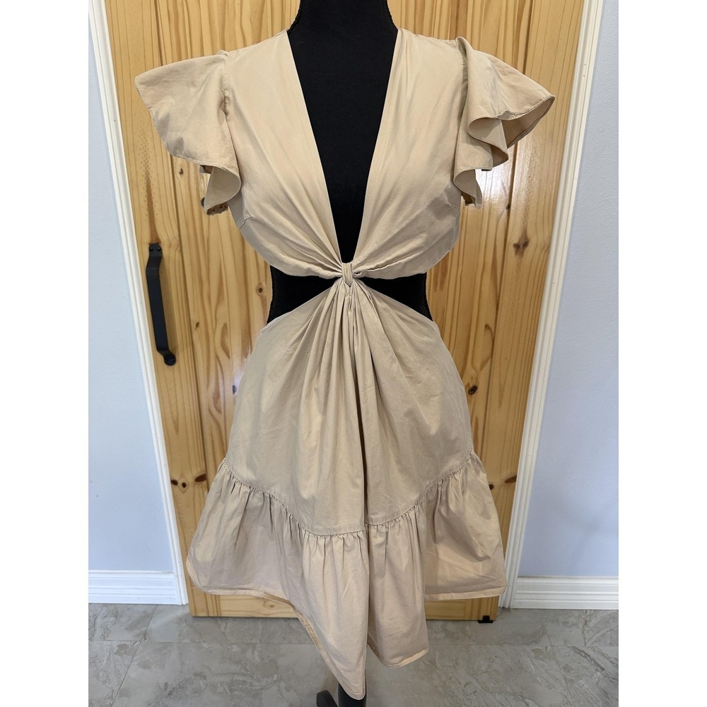 Charina Sarte Dress Womens Medium Beige Cut Out Flutter‎ Sleeve Ruffle Mini Boho